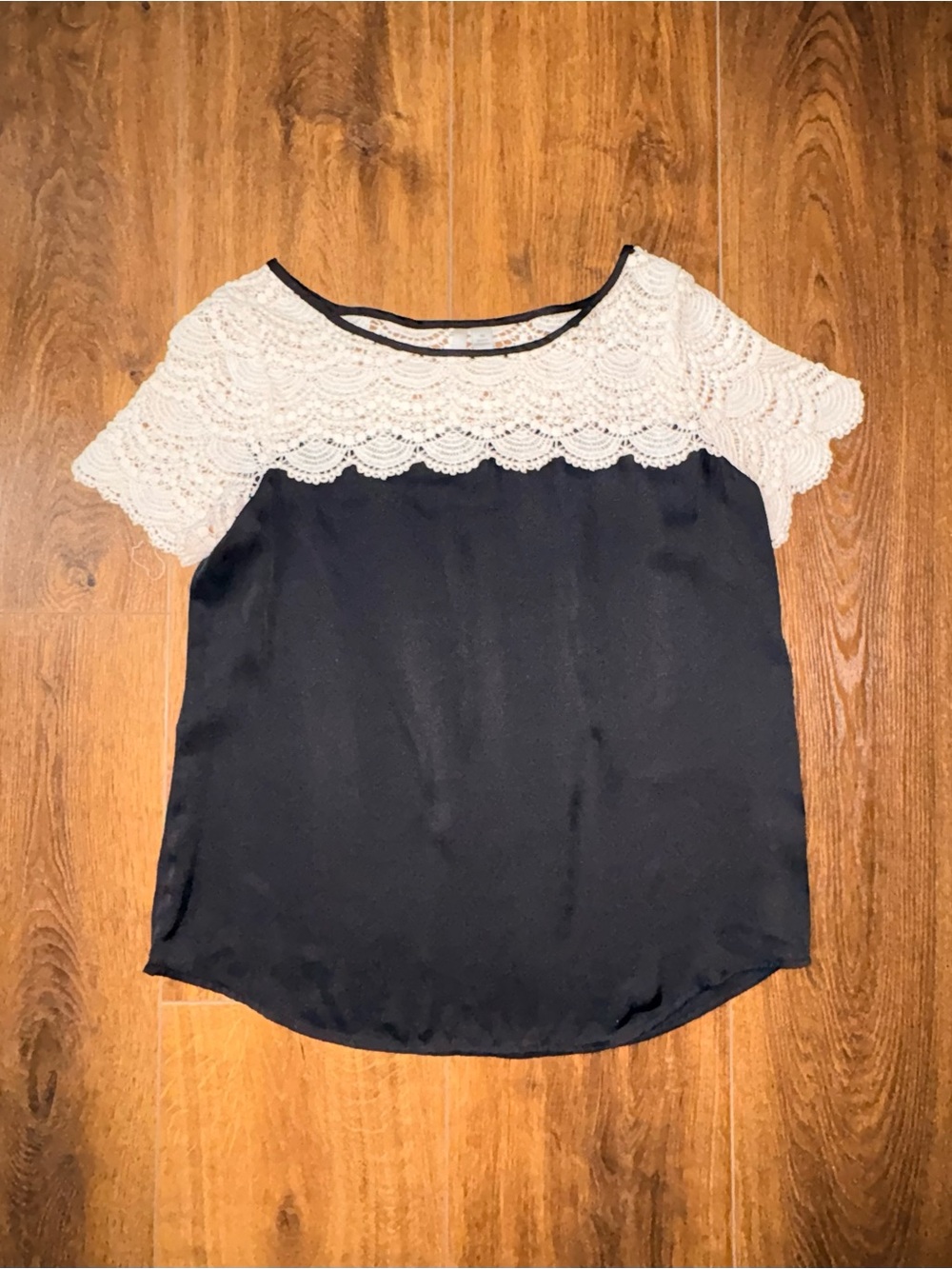 LC Lauren Conrad Black Silky Top with Cream Crochet Yoke & Sleeves
